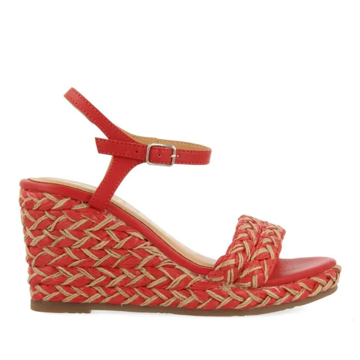 RED AND NATURAL COLOR HIGH WEDGE SANDALS WITH BRAIDED DETAILS FOR WOMEN TIGARD