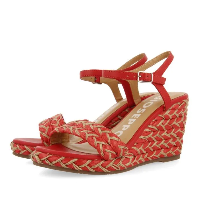 RED AND NATURAL COLOR HIGH WEDGE SANDALS WITH BRAIDED DETAILS FOR WOMEN TIGARD