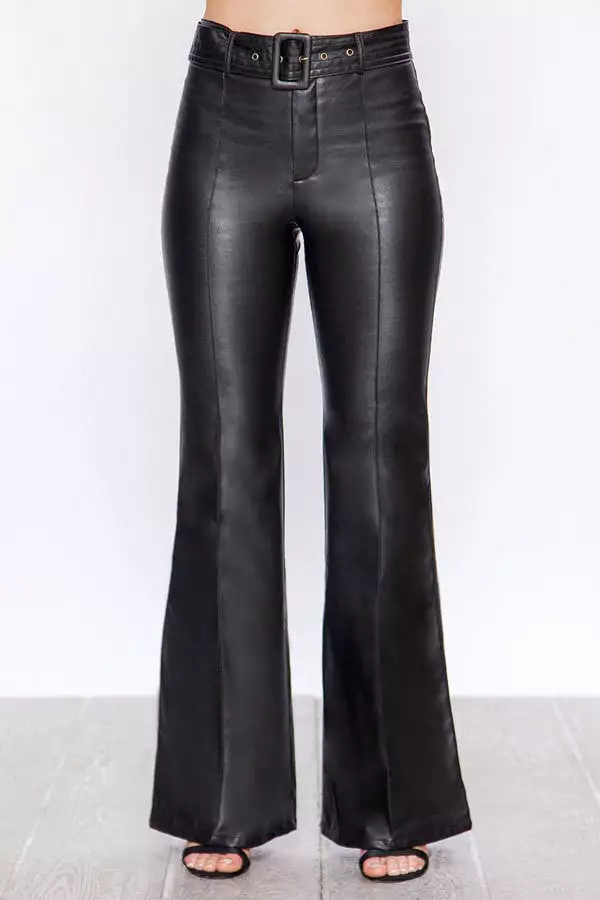 Retro Belted Wide Leg Bell Bottom Faux Leather Pants