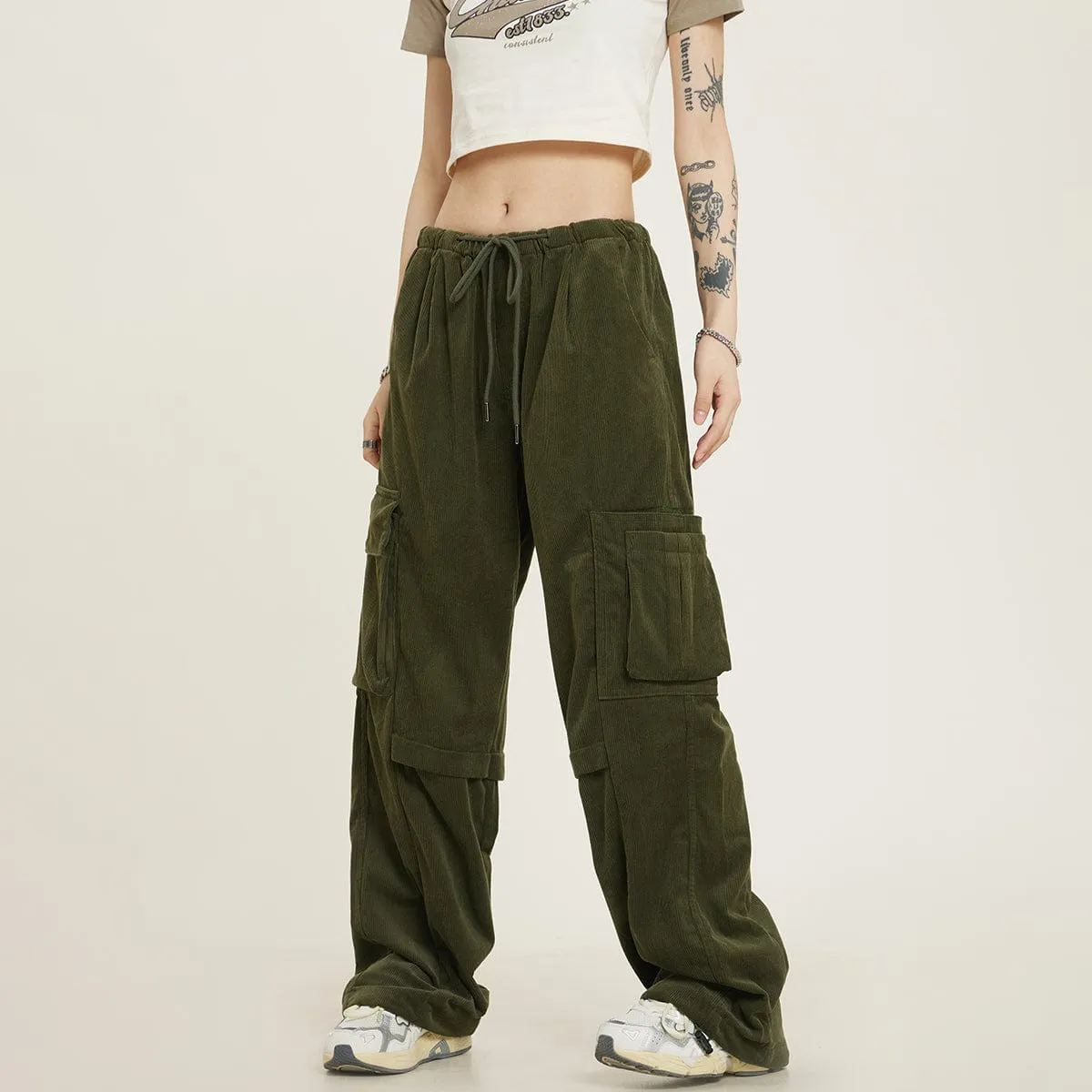 RTK (W) No. 1275 CORDUROY DRAWSTRING POCKET WIDE DRAPE PANTS