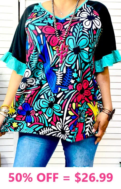 S, L : Turquoise Floral bell sleeve blouse