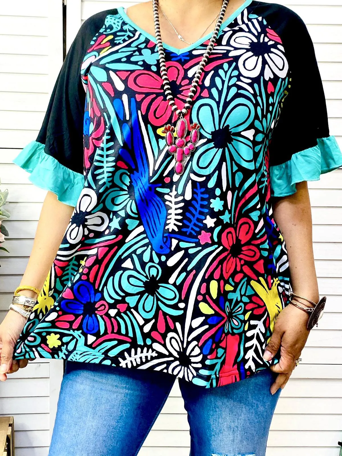 S, L : Turquoise Floral bell sleeve blouse