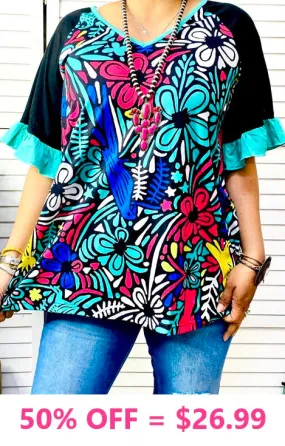 S, L : Turquoise Floral bell sleeve blouse