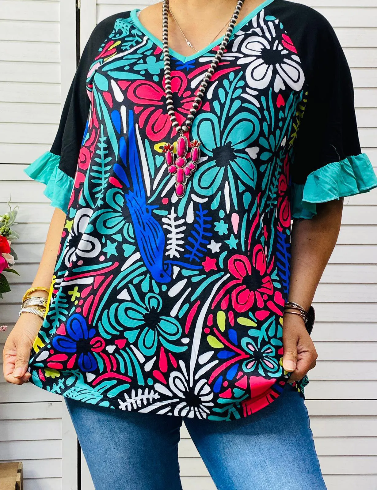 S, L : Turquoise Floral bell sleeve blouse