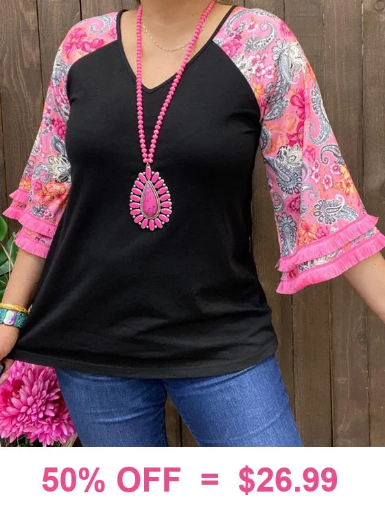 S, M, L, XL Black Top with pink paisley sleeves fringe trim