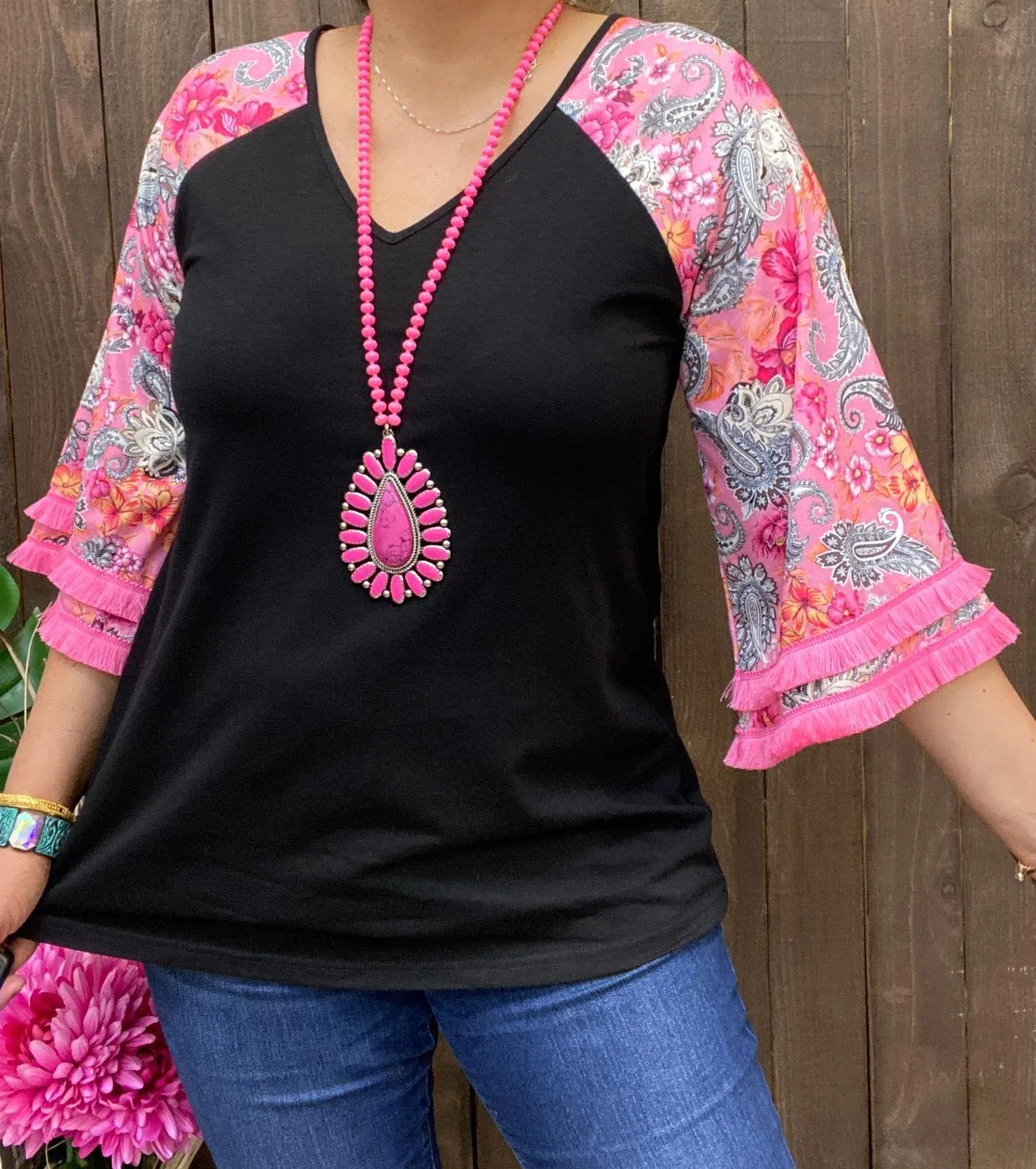 S, M, L, XL Black Top with pink paisley sleeves fringe trim