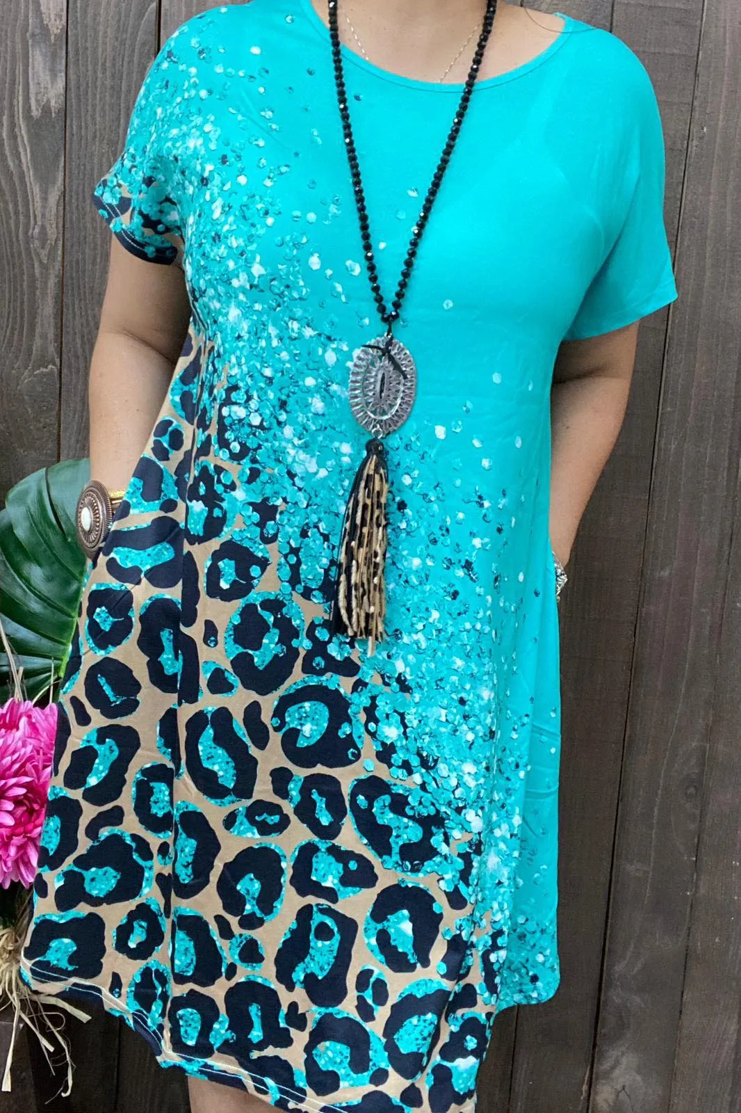 S, M, L, XL Turquoise & Leopard spot dress