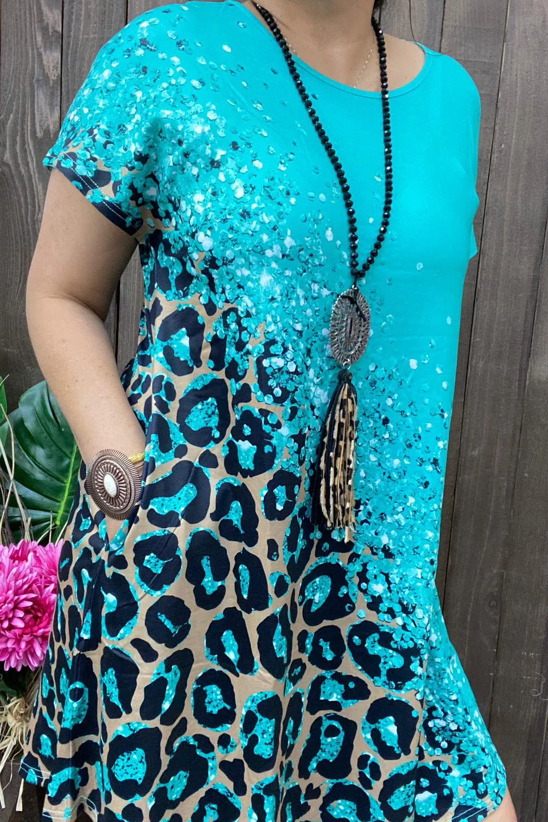 S, M, L, XL Turquoise & Leopard spot dress