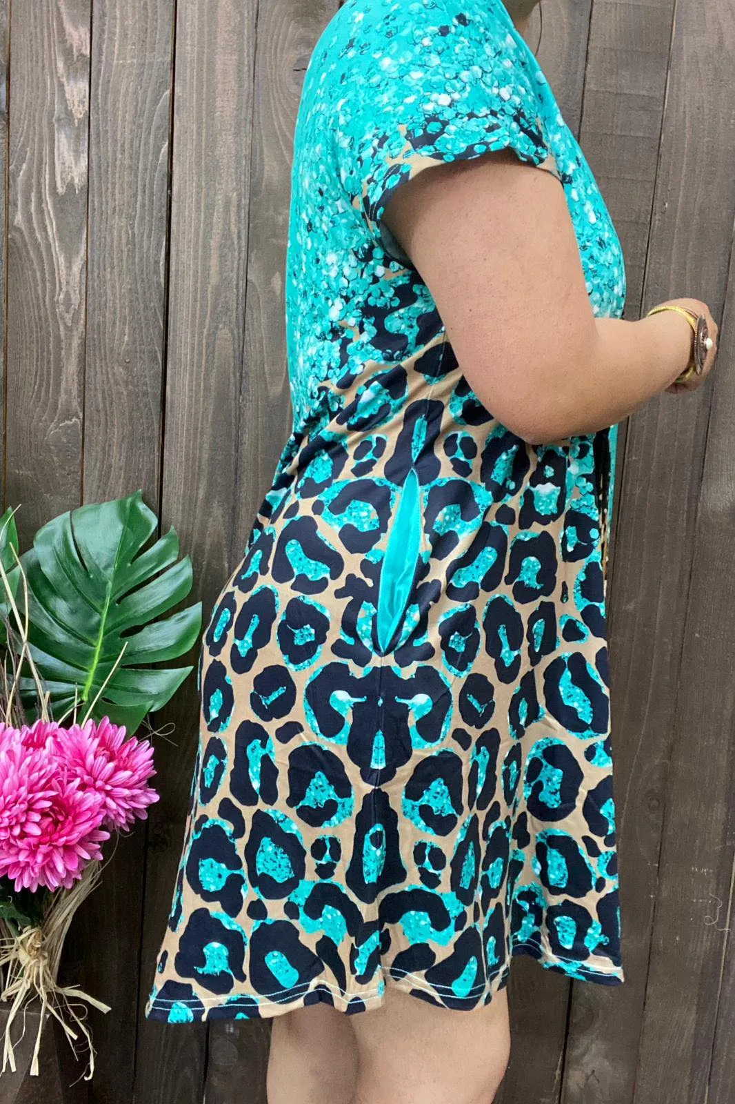 S, M, L, XL Turquoise & Leopard spot dress