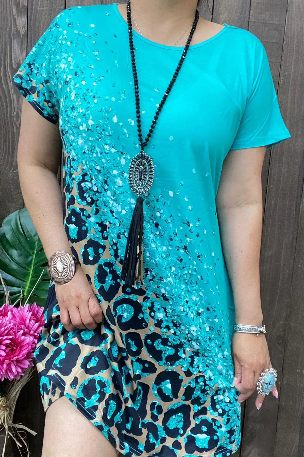 S, M, L, XL Turquoise & Leopard spot dress