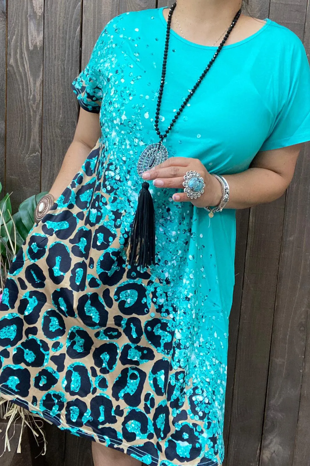 S, M, L, XL Turquoise & Leopard spot dress