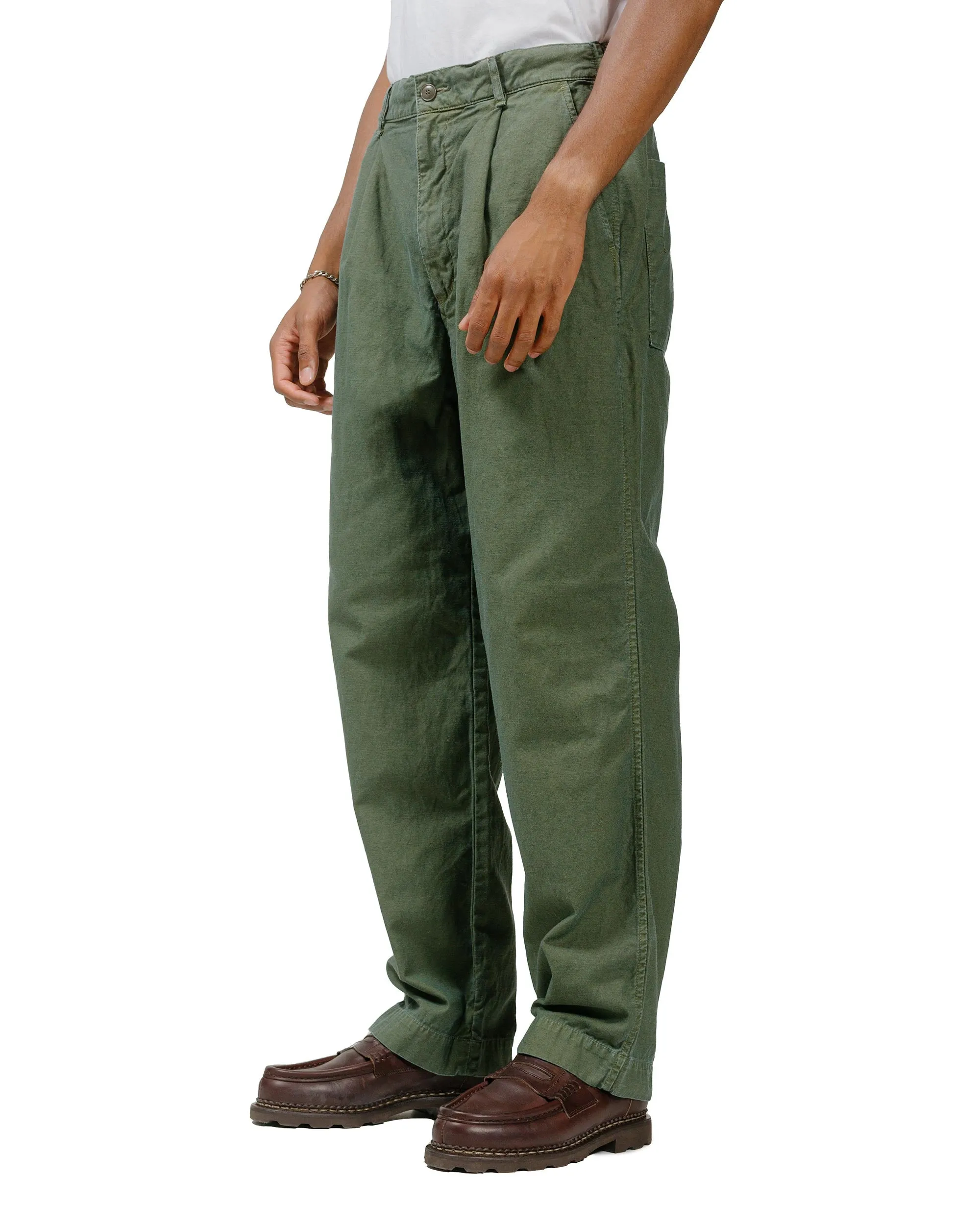 Sage de Cret Cotton/Linen Back Satin Single-Pleated Wide Pants Olive