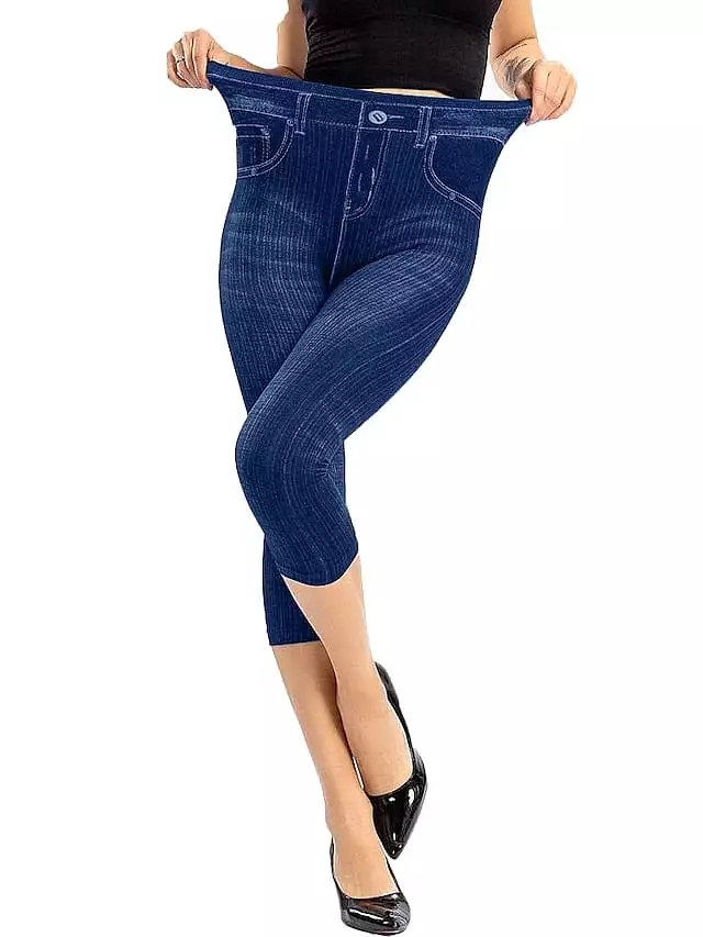 Skinny Bell Bottom Faux Denim Print High Waist Jeans