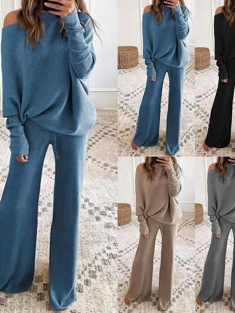 Stylish One-Shoulder Knit Lounge Set with Wide-Leg Pants for Women