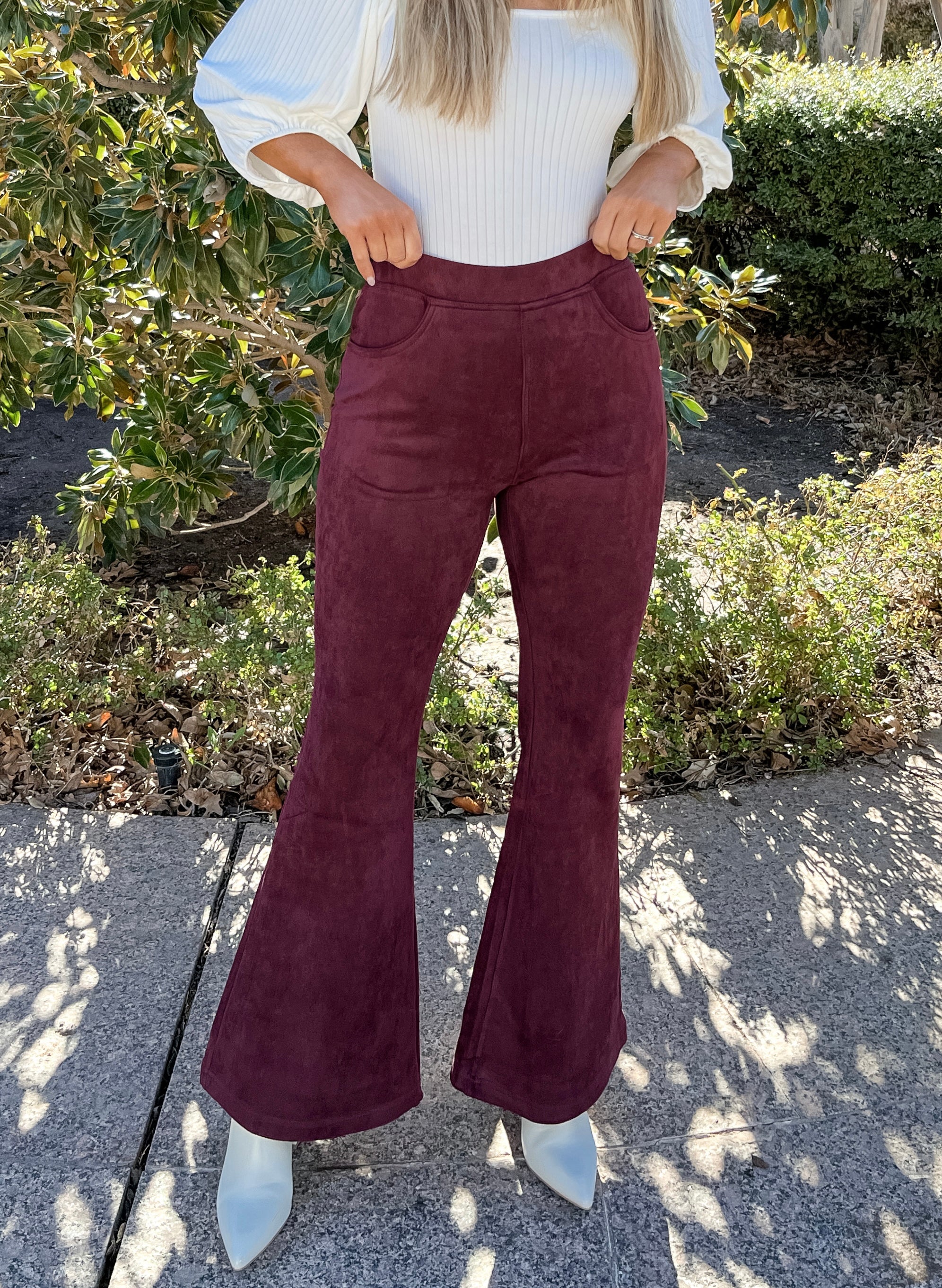 SUEDE BELL BOTTOM PANTS - RED PLUM