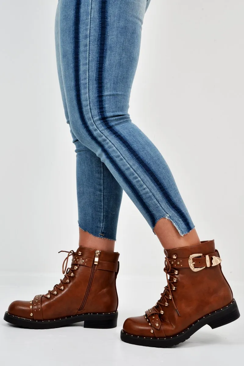 Tan PU Studded Biker Boots - Bailee