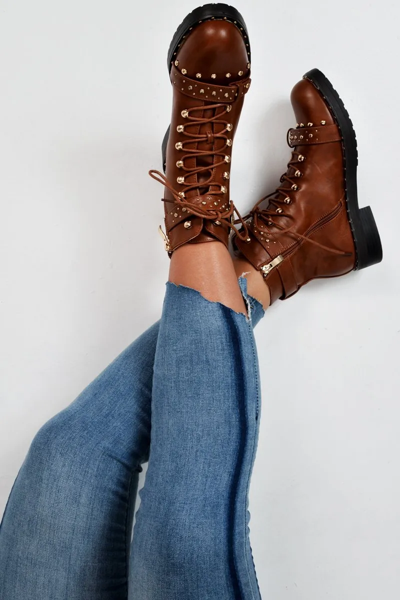 Tan PU Studded Biker Boots - Bailee