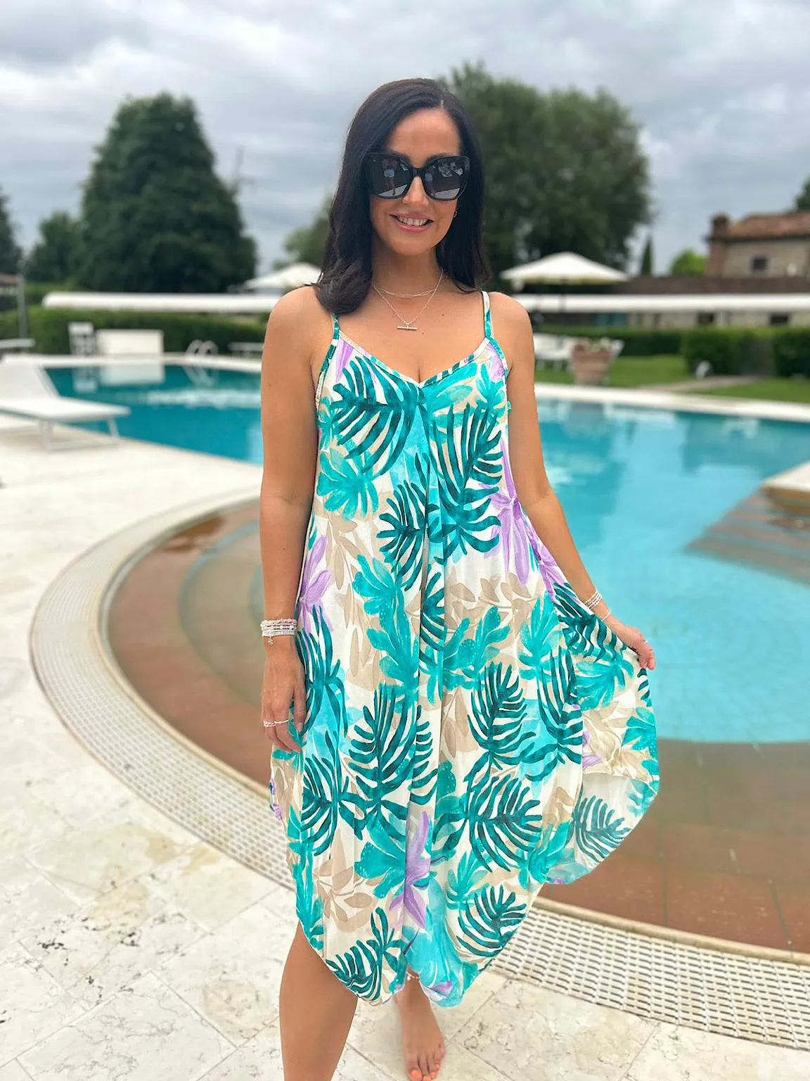 Teal Tropical Leaf Dress Anna