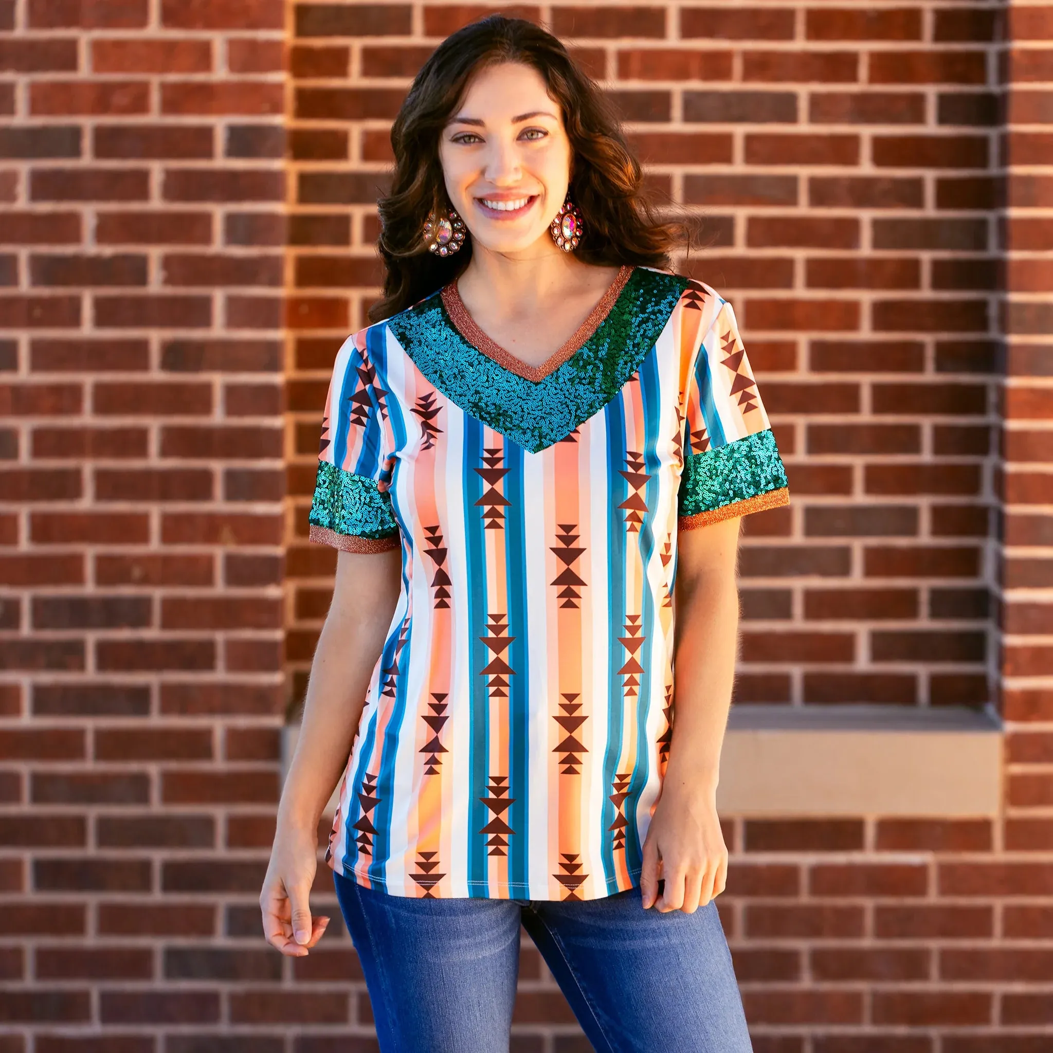 Tribal Top with Teal sequin v-neck