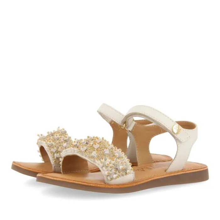 WHITE LEATHER SANDALS WITH BEAD EMBELLISHMENTS FOR GIRL AND BOY BLESLE