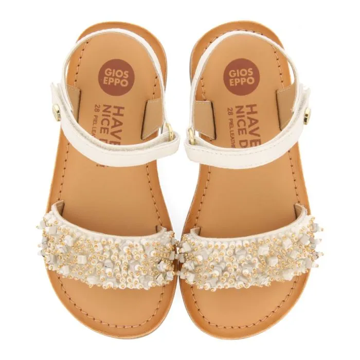 WHITE LEATHER SANDALS WITH BEAD EMBELLISHMENTS FOR GIRL AND BOY BLESLE