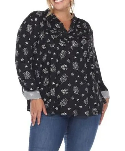 White Mark Women's Plus Size Pleated Long Sleeve Leaf Print Blouse