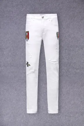 White Slim-fit Jeans with 3 logos