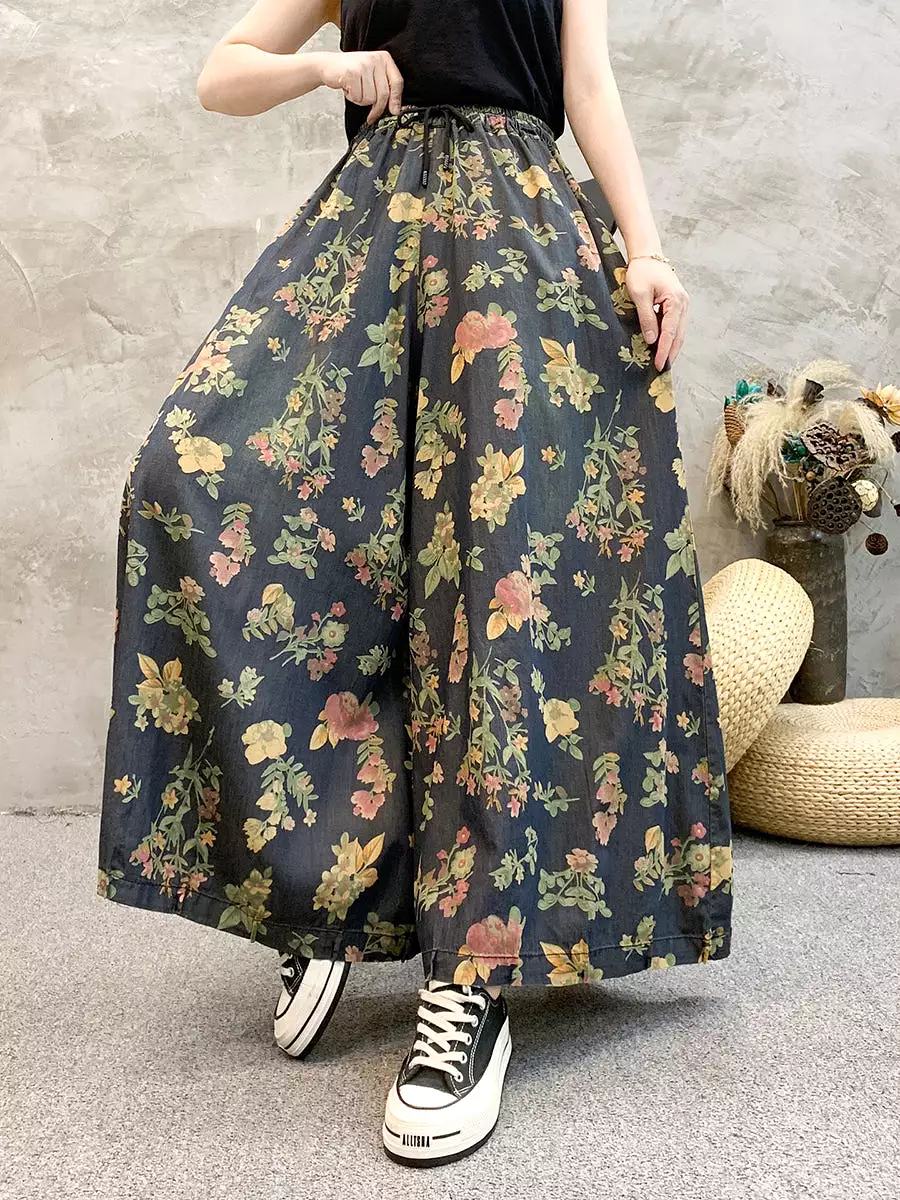 Women Artsy Summer Floral Denim Wide-leg Pants KL1055