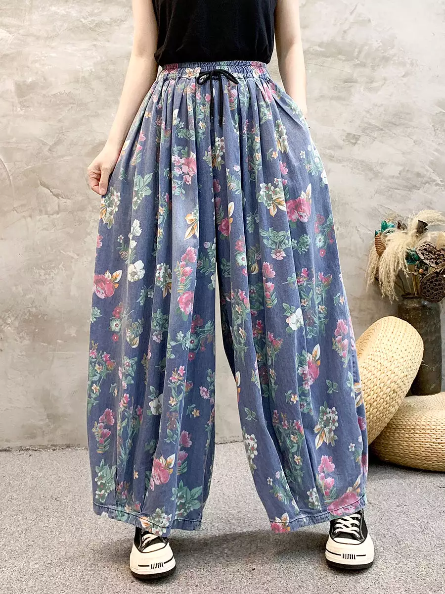 Women Artsy Summer Floral Denim Wide-leg Pants KL1055