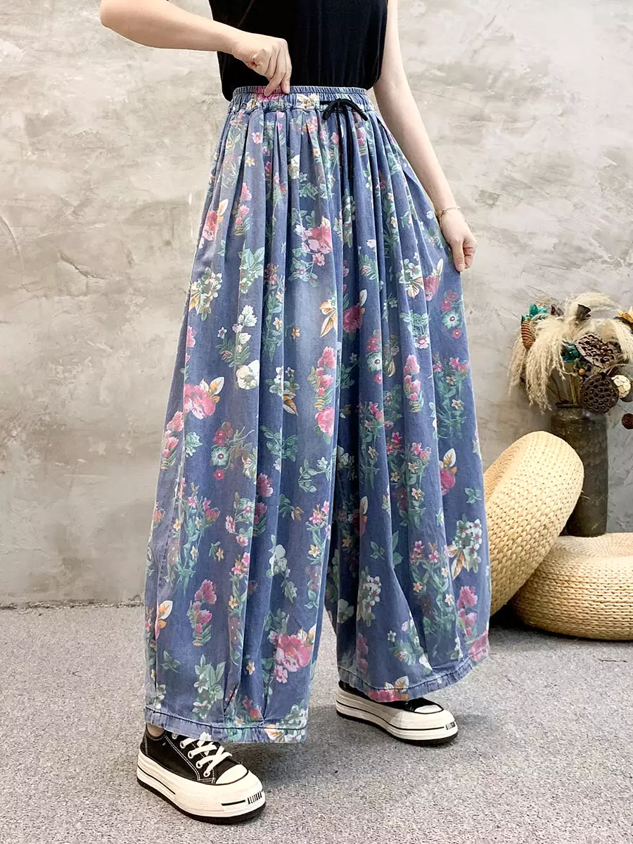 Women Artsy Summer Floral Denim Wide-leg Pants KL1055