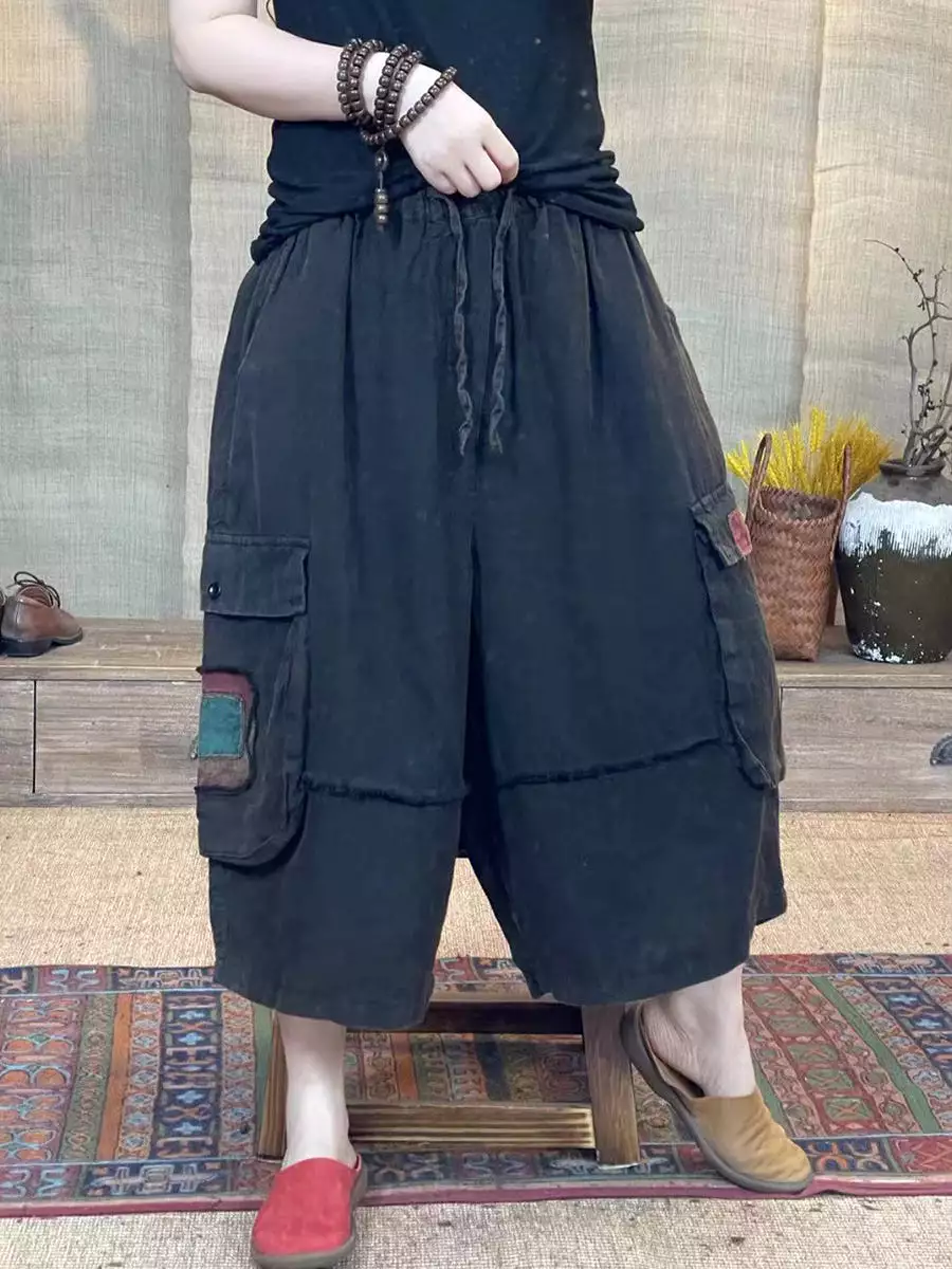 Women Retro Spliced Summer Loose Wide-leg Pants KL1027