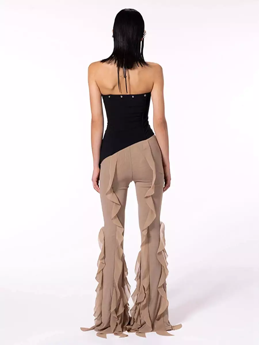 Women s Ruffle Flare Pants y2k Solid Low Rise Stretch Bell Bottom Trousers Rave Club Streetwear