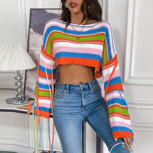 Women's Sweater Long Sleeve Sweaters & Cardigans Tassel Casual Streetwear Color Block Stripe