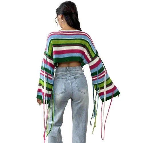 Women's Sweater Long Sleeve Sweaters & Cardigans Tassel Casual Streetwear Color Block Stripe