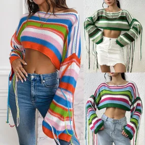 Women's Sweater Long Sleeve Sweaters & Cardigans Tassel Casual Streetwear Color Block Stripe