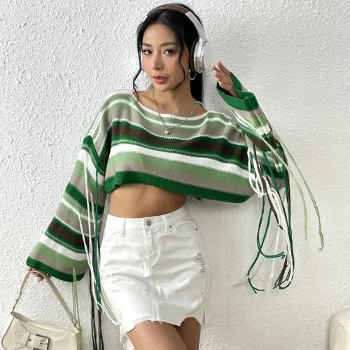 Women's Sweater Long Sleeve Sweaters & Cardigans Tassel Casual Streetwear Color Block Stripe