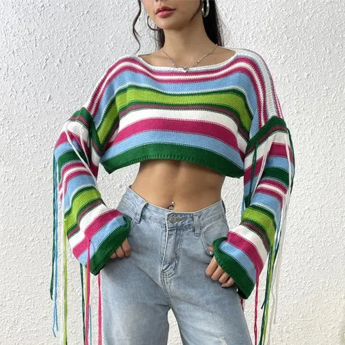 Women's Sweater Long Sleeve Sweaters & Cardigans Tassel Casual Streetwear Color Block Stripe