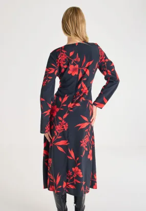 Womens Black & Red Floral Midi Dress