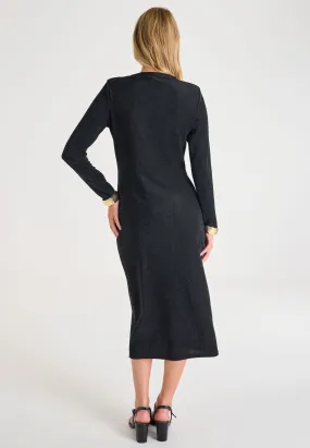 Womens Black Metallic Ruched Midi Dress