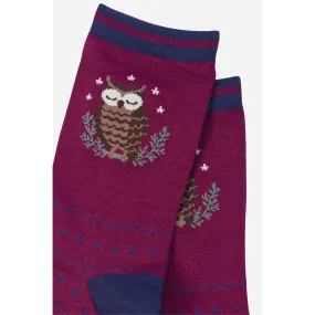 Womens Maroon Novelty Bamboo Owl Socks