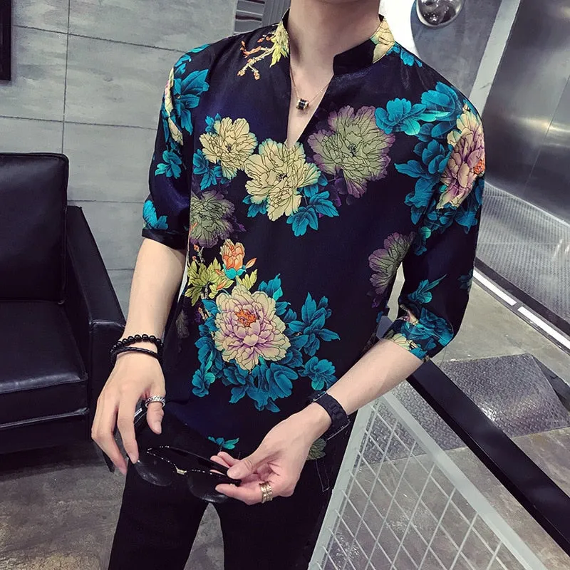 Xituodai 2022 New Arrival Top Fashion Cotton Casual Shirts Three Quarter V-neck Men Summer Shirt Short Social Man Loose Print Sl