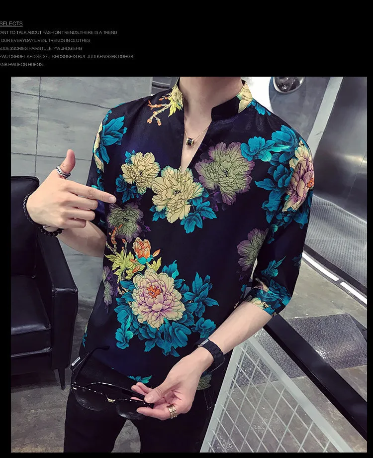 Xituodai 2022 New Arrival Top Fashion Cotton Casual Shirts Three Quarter V-neck Men Summer Shirt Short Social Man Loose Print Sl