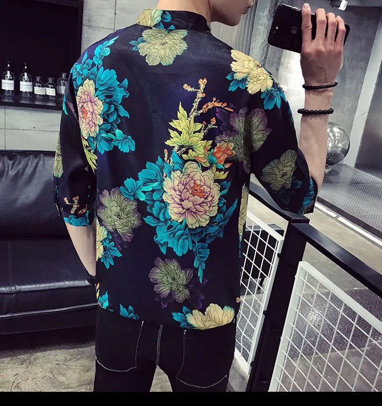 Xituodai 2022 New Arrival Top Fashion Cotton Casual Shirts Three Quarter V-neck Men Summer Shirt Short Social Man Loose Print Sl