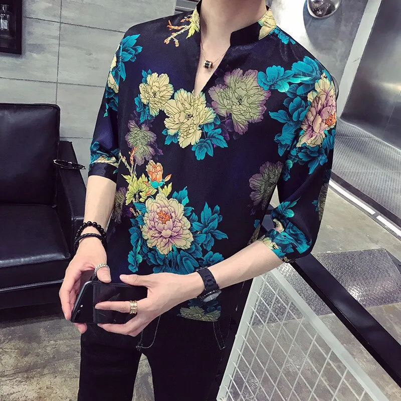 Xituodai 2022 New Arrival Top Fashion Cotton Casual Shirts Three Quarter V-neck Men Summer Shirt Short Social Man Loose Print Sl