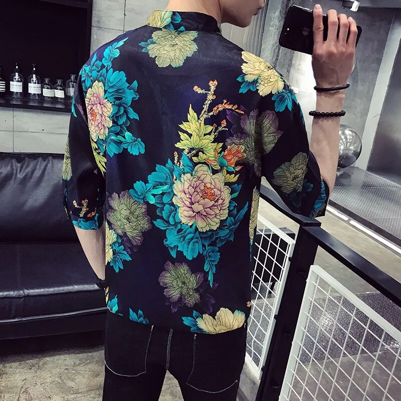 Xituodai 2022 New Arrival Top Fashion Cotton Casual Shirts Three Quarter V-neck Men Summer Shirt Short Social Man Loose Print Sl