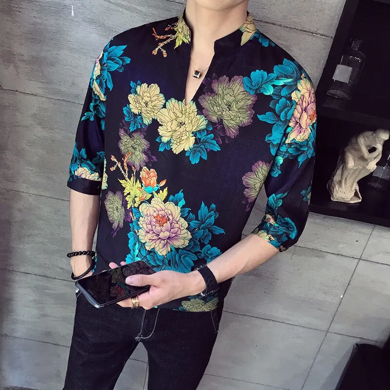 Xituodai 2022 New Arrival Top Fashion Cotton Casual Shirts Three Quarter V-neck Men Summer Shirt Short Social Man Loose Print Sl