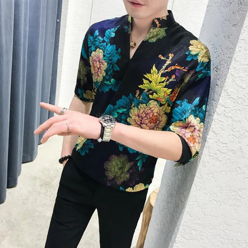 Xituodai 2022 New Arrival Top Fashion Cotton Casual Shirts Three Quarter V-neck Men Summer Shirt Short Social Man Loose Print Sl