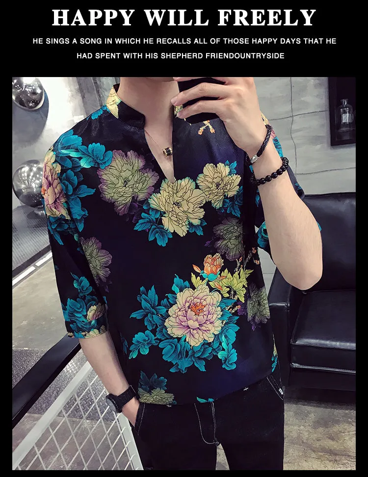 Xituodai 2022 New Arrival Top Fashion Cotton Casual Shirts Three Quarter V-neck Men Summer Shirt Short Social Man Loose Print Sl