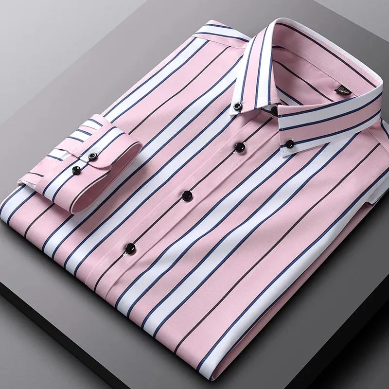 Xituodai Men Spring Summer Comfortable Vertical Striped Strech Mens Dress Shirts Long Sleeve Soft Business Work Shirt  No Pocket