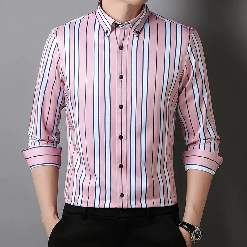 Xituodai Men Spring Summer Comfortable Vertical Striped Strech Mens Dress Shirts Long Sleeve Soft Business Work Shirt  No Pocket